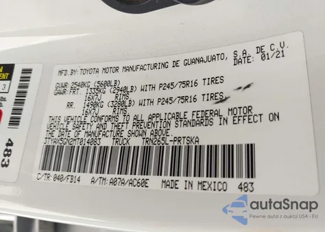 2021 Toyota Tacoma Sr z USA, uszkodzony, nr VIN 3TYAX5GN2MT014083